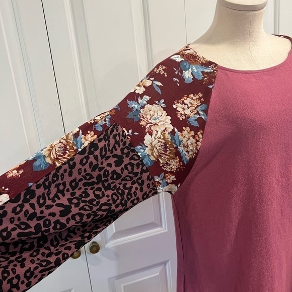 Umgee, New Multi Pattern Sleeves Pink Shift Tunic Dress with Pockets - Picture 4 of 13